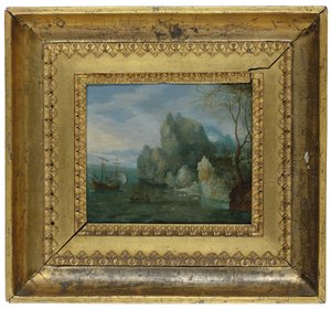 Een Rotsachtig Kustlandschap met Figuren aan de Oever en een Gemeerde Galerij door Cornelis Liefrinck