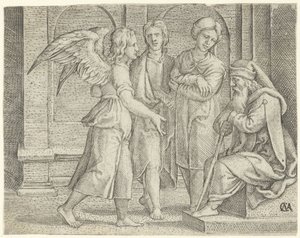 Tobias en de engel bij Tobit en Anna