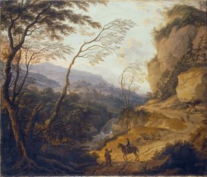 Dutch: Berglandschap met een ruiter en een jager in gesprek door Cornelis Matthieu