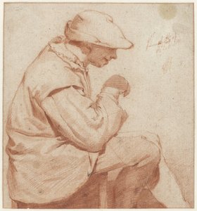 Zittende man met een zachte pet, profiel naar rechts, met zijn rechterhand opgeheven door Cornelis Pietersz. Bega (attributed to)