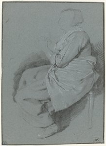 Zittende vrouw, in profiel naar links, met een schort door Cornelis Pietersz. Bega