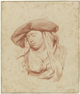 Studie van een vrouw, buste lengte, iets naar links en naar beneden kijkend door Cornelis Pietersz. Bega