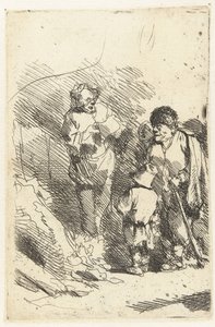 Zingende man en luisterend publiek onder wie kind en man door Cornelis Pietersz. Bega