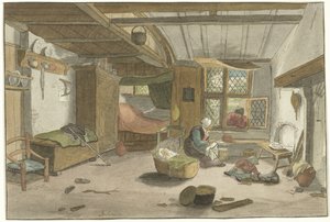 Interieur met vrouw bij wieg door Cornelis Ploos van Amstel (signed by artist)