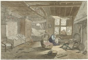 Interieur met vrouw bij wieg