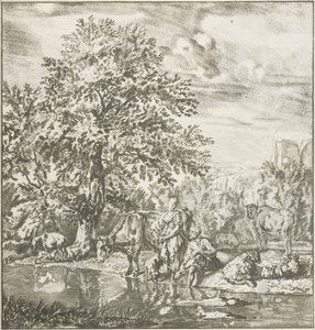 Herder en herderin met kudde bij een rivier door Cornelis Ploos van Amstel