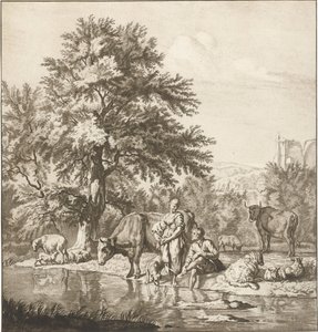 Herder en herderin met kudde bij een rivier (prentwerk) door Cornelis Ploos van Amstel