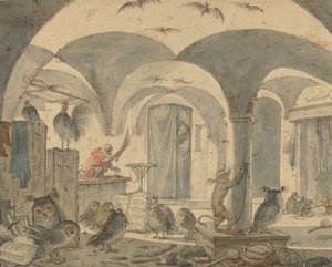 Een betoverde kelder met dieren door Cornelis Saftleven