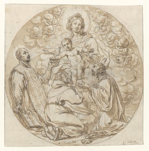 Maria met kind aanbeden door H. Ignatius van Loyola, H. Franciscus Xaverius en heilige monnik door Cornelis Schut (I)