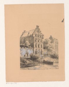 Huizen langs het water door Cornelis Springer
