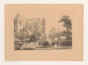 Runderen met wagen voor elfde-eeuwse kerk