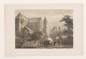Runderen met wagen voor elfde-eeuwse kerk door Cornelis Springer