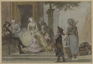 Draailierspeler voor een luisterende familie op de stoep van een stadshuis