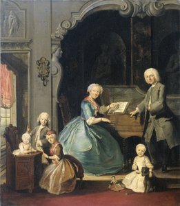 Familiegroep bij een klavecimbel door Cornelis Troost
