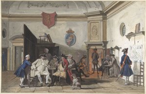 Wachtlokaal met lezende, rokende en kaartspelende officieren door Cornelis Troost
