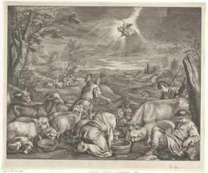 Abraham vertrekt naar Sichem / Verkondiging aan de herders door Cornelis Visscher (II)