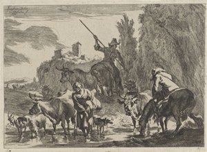Herders met vee doorwaden een beek door Cornelis Visscher (II)