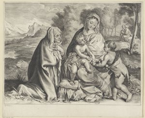 Landschap met de Heilige Familie, Johannes de Doper en Elisabet door Cornelis Visscher (II)