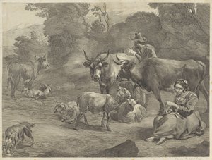 Landschap met een herder en een naaiende herderin