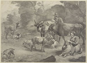 Landschap met een herder en een naaiende herderin door Cornelis Visscher (II)