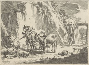 Landschap met vrouw die haar kind voedt door Cornelis Visscher (II)