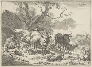 Rustende oude herder met zijn kudde door Cornelis Visscher (II)