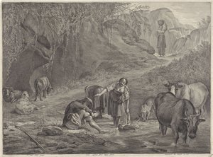 Wasvrouwen en een herder aan de waterkant door Cornelis Visscher (II)