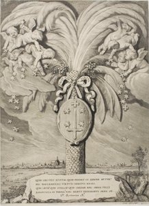 Wapen van Haarlem, eindpagina van Graven en Gravin van Holland, Zeeland en West-Friesland door Cornelis Visscher