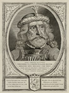 Dirk I, graaf van Holland, in een harnas. De omlijsting is versierd met het wapen van Holland. NL-HlmNHA 1477 53012894