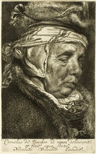 Kop van een oude vrouw (zogenaamd portret van Visschers moeder) door Cornelis Visscher