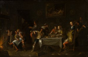 Dames en heren feestend rond een tafel door Cornelis de (attr. to) Wael