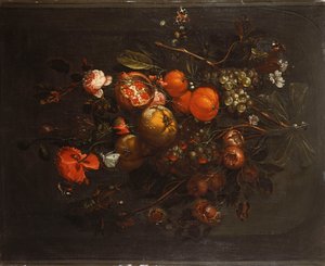 Een Boeket van Fruit en Bloemen Hangend aan een Spijker in een Nis door Cornelis de Heem