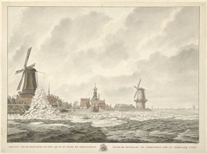 Gezicht van de opkruijing van het ijs, op en tegen de borstwering agter de Runmolen te Gorinchem, den 20.n Februarij 1799