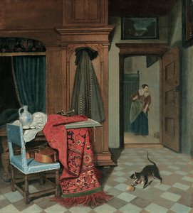 Interieur met een tapijt, een zwaard en een kruik op een tafel, een cello op een stoel, een jas aan een kast, een kat die met een bal speelt, een dienstmeid verderop door Cornelis de Man