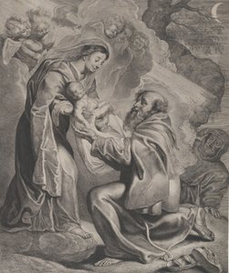 De Visie van Sint Franciscus, knielend rechts, ontvangt het Christuskind van de Maagd
