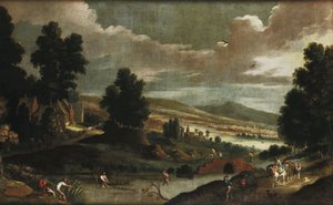 Landschap met zwervers en vissers door Cornelis de Wael