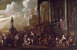 De zeven werken van lichamelijke barmhartigheid: voedsel geven aan de hongerigen door Cornelis de Wael