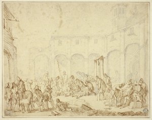 Gewonde soldaten op een binnenplaats op het stadsplein