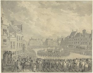 Beëdiging van het College van Gecommitteerden door de schutter-officieren op de Neude te Utrecht, 1786 door Cornelis van Cuylenburgh (II) (signed by artist)