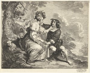 Herder en herderin in landschap door Cornelis van Dalen (II)