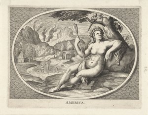Vrouwelijke personificatie van werelddeel Amerika als vrouw met hoofdtooi van veren en pijl in landschap door Cornelis van Dalen (II)