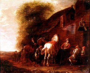 Ruiters buiten een dorpsherberg door Cornelis van Essen