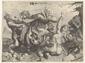 Een vrouw die haar man vertrapt Mans-hant boven (titel op object) door Cornelis van Kittensteyn