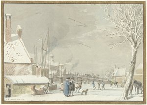 Bevroren stadsgracht met schaatsers