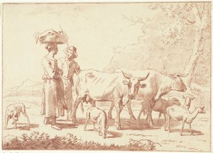 Herder en een vrouw met koeien en schapen door Cornelis van Noorde