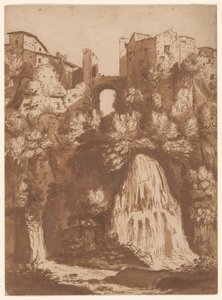 Uitzicht op Tivoli met de brug over de Anio-waterval door Cornelis van Poelenburgh