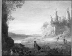 Italiaans landschap met Diana en Callisto met een geitenhoeder bij een vervallen kasteel