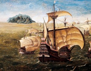 De Portugese vloot, kopie van schilderij door Cornelius Anthoniszoon door Cornelisz Anthonisz