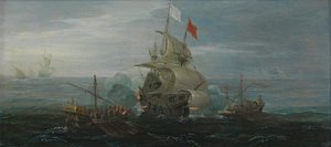 Een Frans schip en Barbarijse piraten door Cornelius Bol