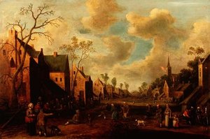 Boeren Feesten in een Dorpsstraat door Cornelius Droochsloot